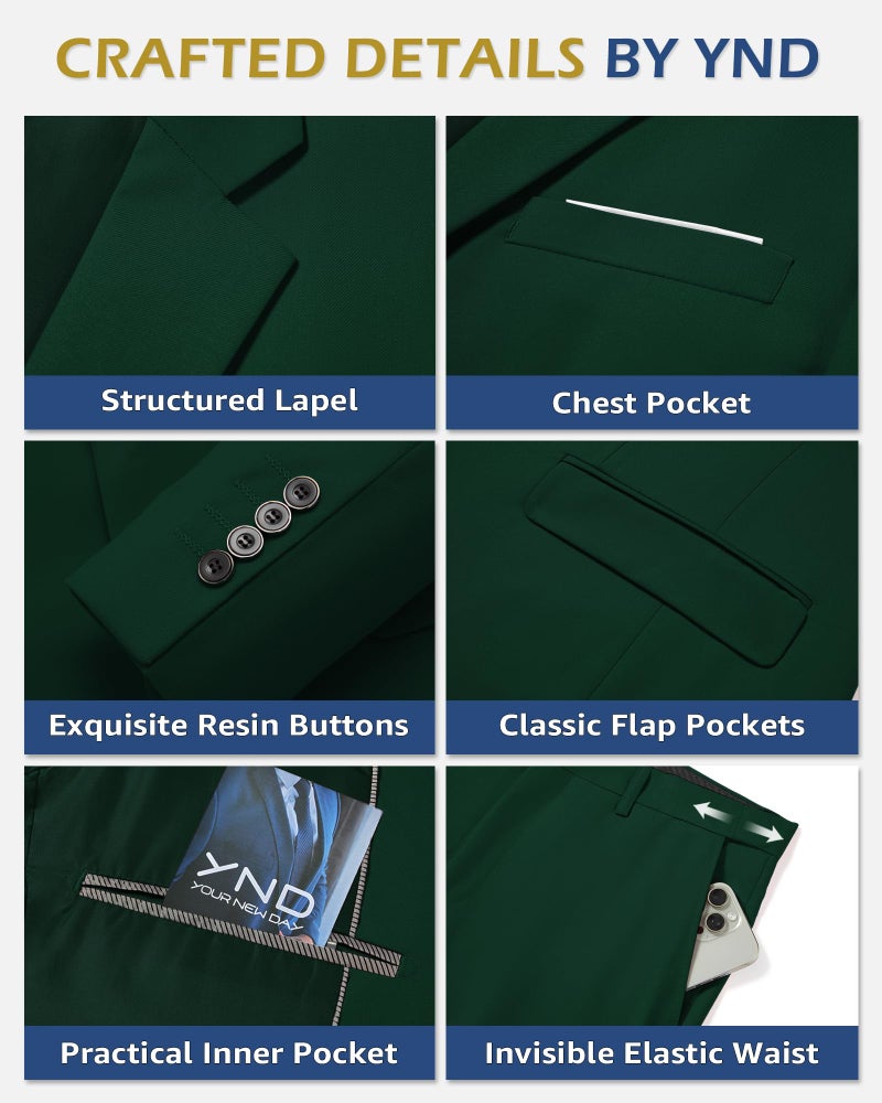 YND Men's 3 Piece Suit Set with Tie, 2 Button Slim Fit Solid Blazer Jacket Vest Pants, Business Wedding Party Suits for Men, Deep Green - Image 3